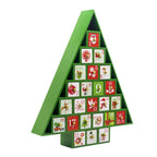 Wooden advent calendar close-up displaying traditional Christmas color scheme of red and green