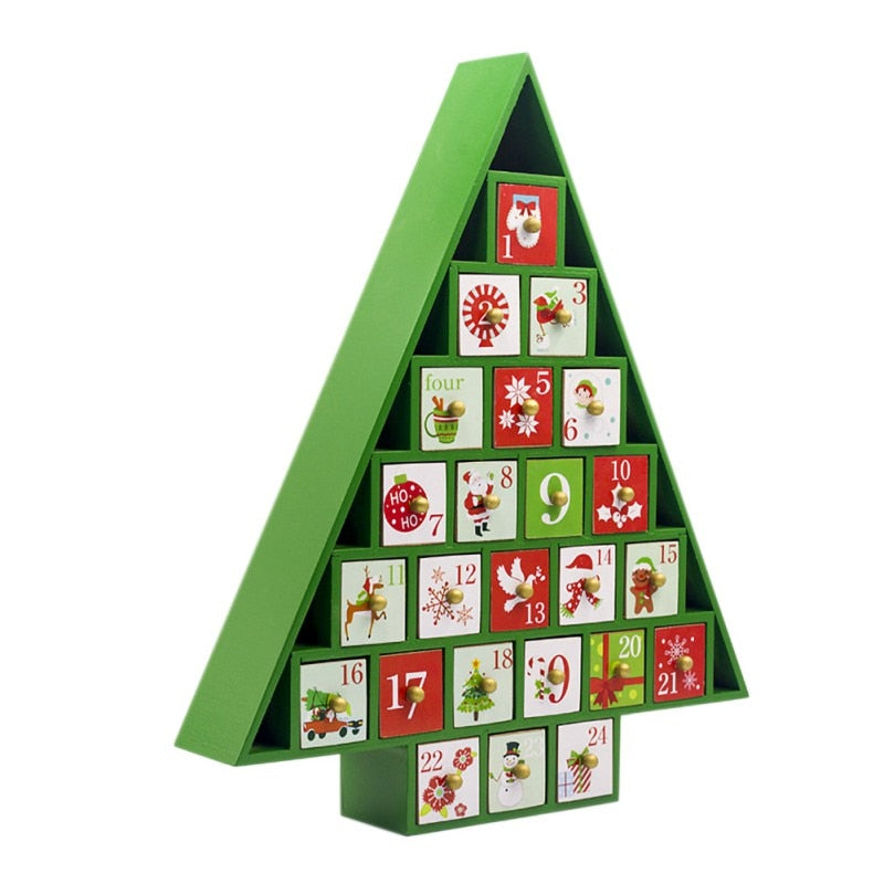 Wooden advent calendar close-up displaying traditional Christmas color scheme of red and green