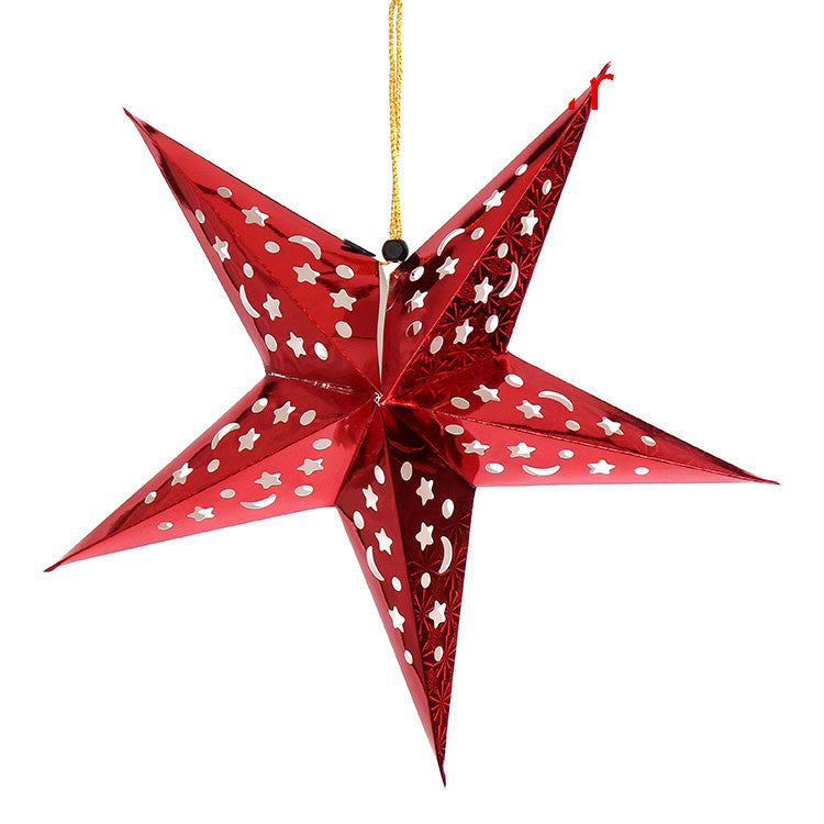 Green star ornament displaying traditional Christmas colors
