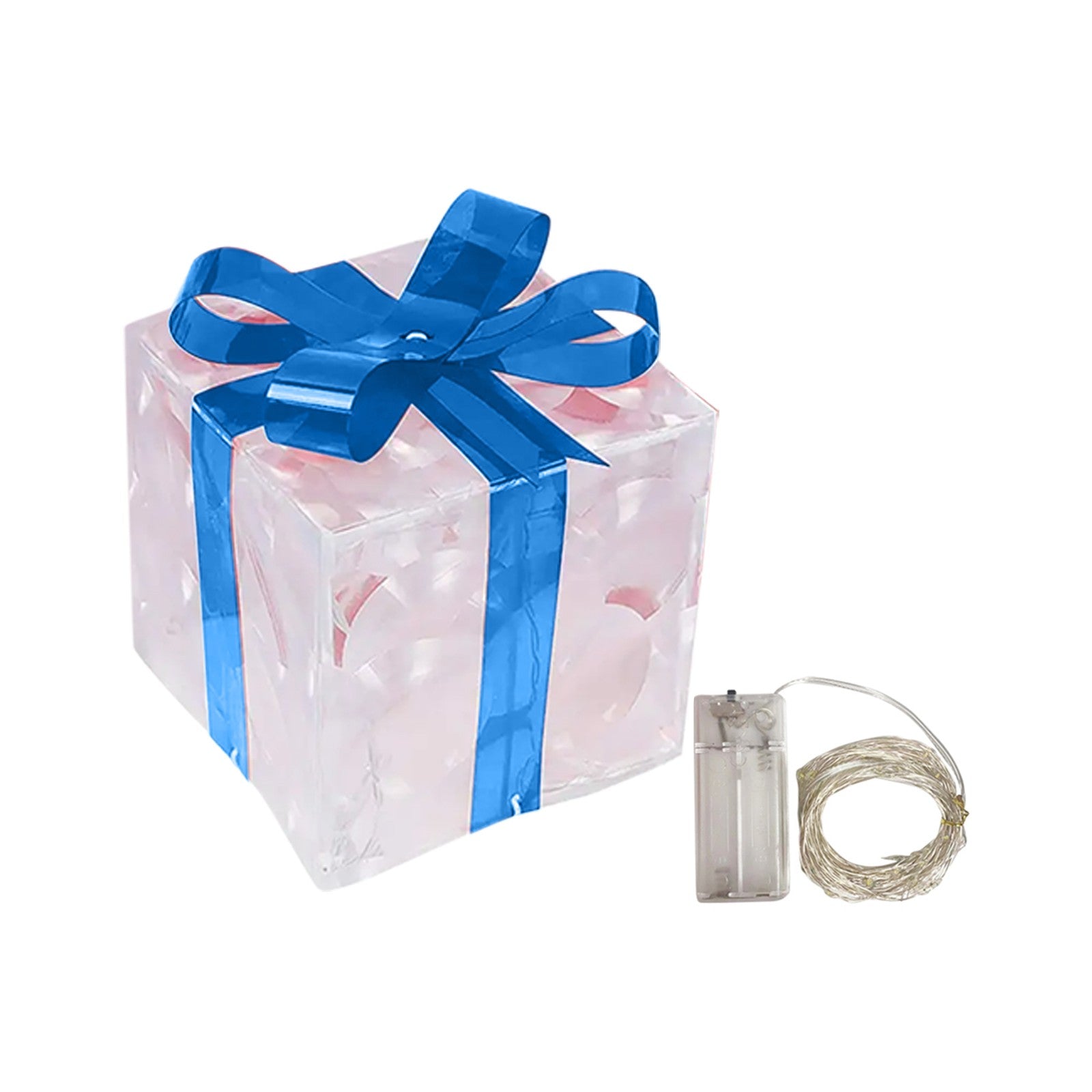 Close-up of warm white LED lights inside luminous Christmas gift box ornament