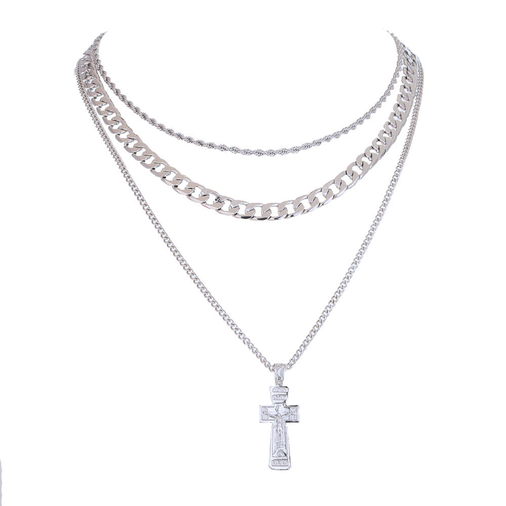 Chunky layered chain necklace with central cross pendant for women