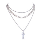 Chunky layered chain necklace with central cross pendant for women