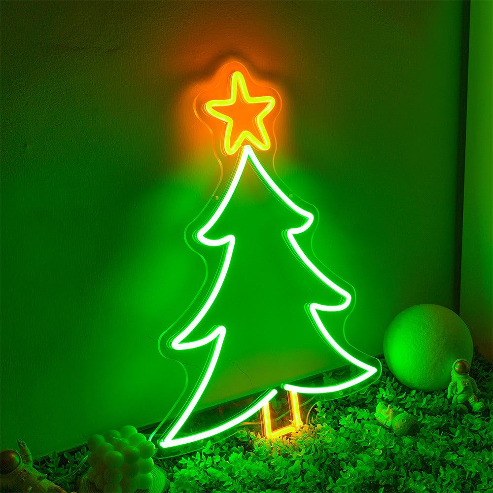 Christmas tree neon sign glowing warmly on rustic wooden shelf, festive holiday decor