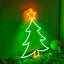 Christmas tree neon sign glowing warmly on rustic wooden shelf, festive holiday decor