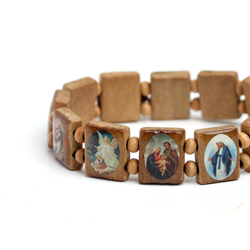 Close-up view of wooden rosary bracelet beads showing geometric shape and craftsmanship