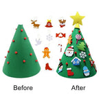 Colorful felt ball ornament details on Christmas tree craft piece close-up