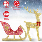 Holiday decoration featuring reindeer and sleigh in gold and red