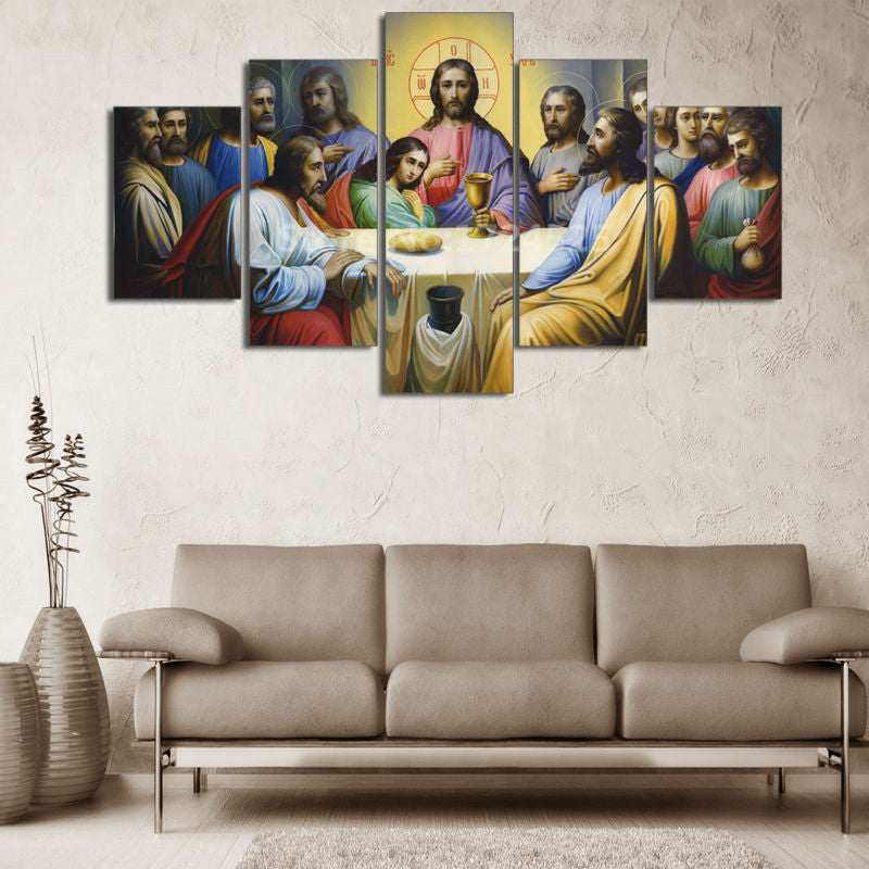 Abstract Christ Jesus canvas art set shown in a dining room setting for home inspiration