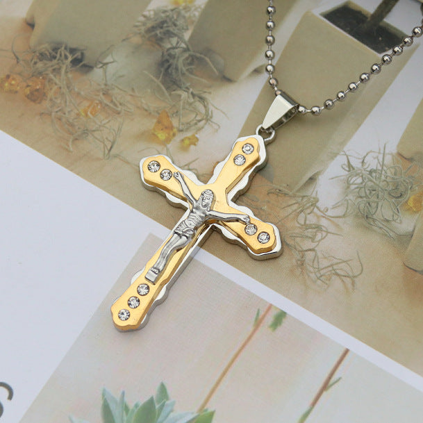 Multiple Jesus cross pendant necklaces showing the unisex design