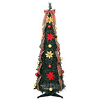 Green pre-lit Christmas tree with warm white lights surrounded by wrapped presents