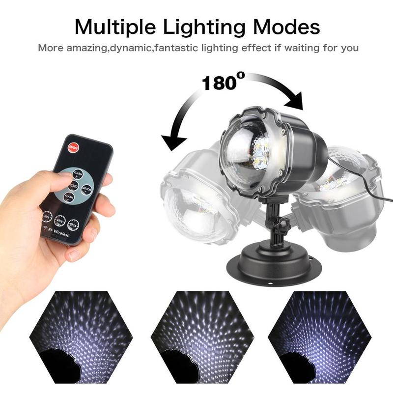 LED Snowfall Christmas Projector Light with remote control and stand in garden setting