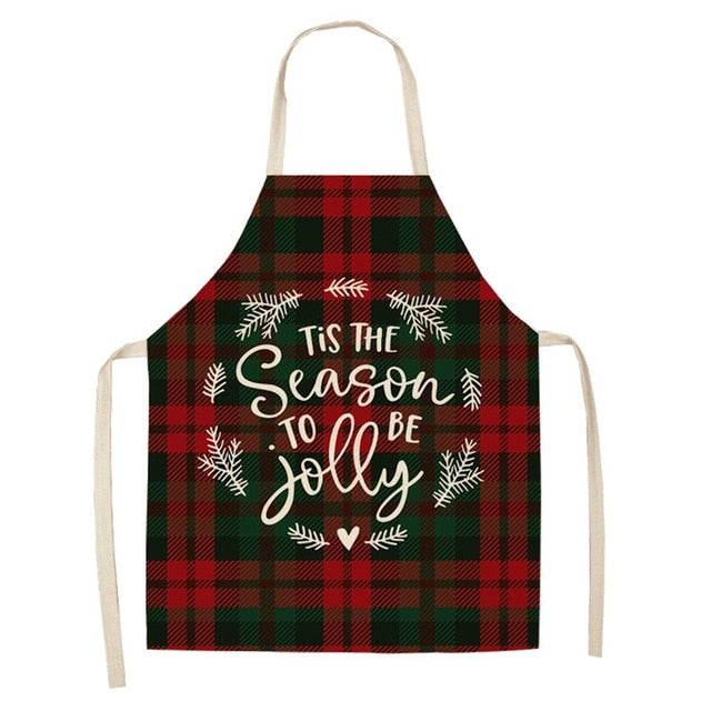 Close-up view of cotton linen apron showcasing Christmas design details