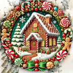 Christmas tree and house design on round wooden hanging sign