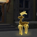 Illuminated reindeer Christmas decoration with warm white LED lights in garden setting