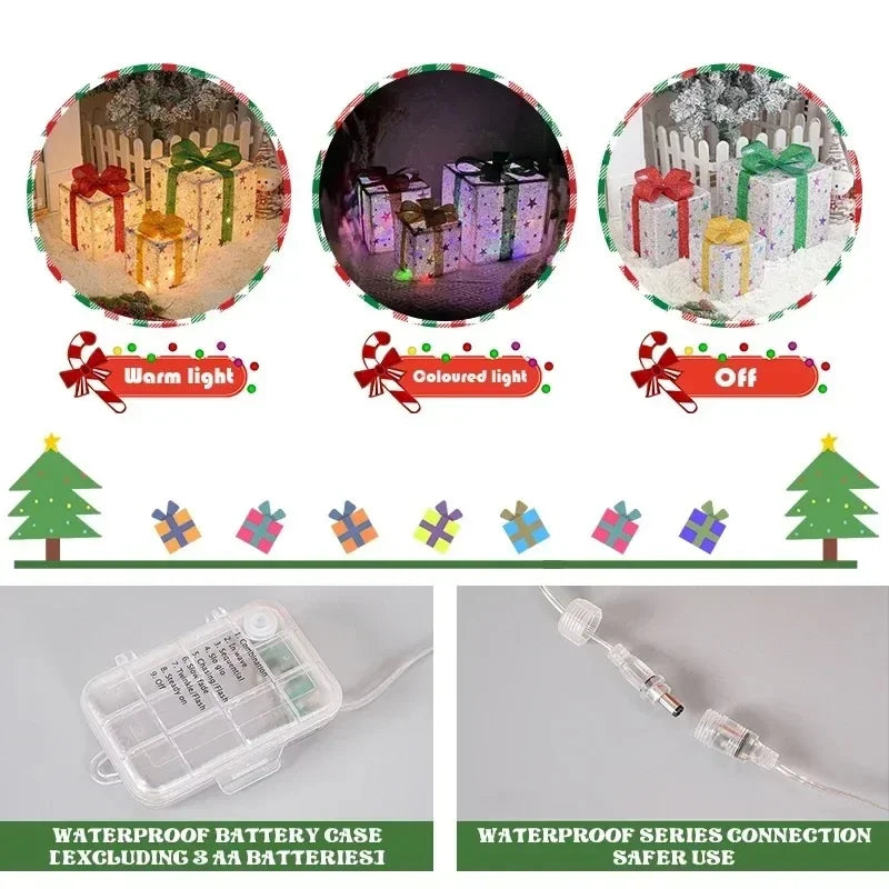 Christmas decorative gift boxes with LED lights in warm white mode