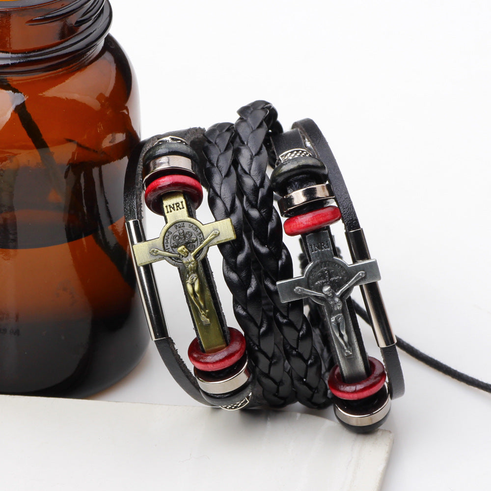 Unisex leather faith bracelet with cross pendant in gold and silver