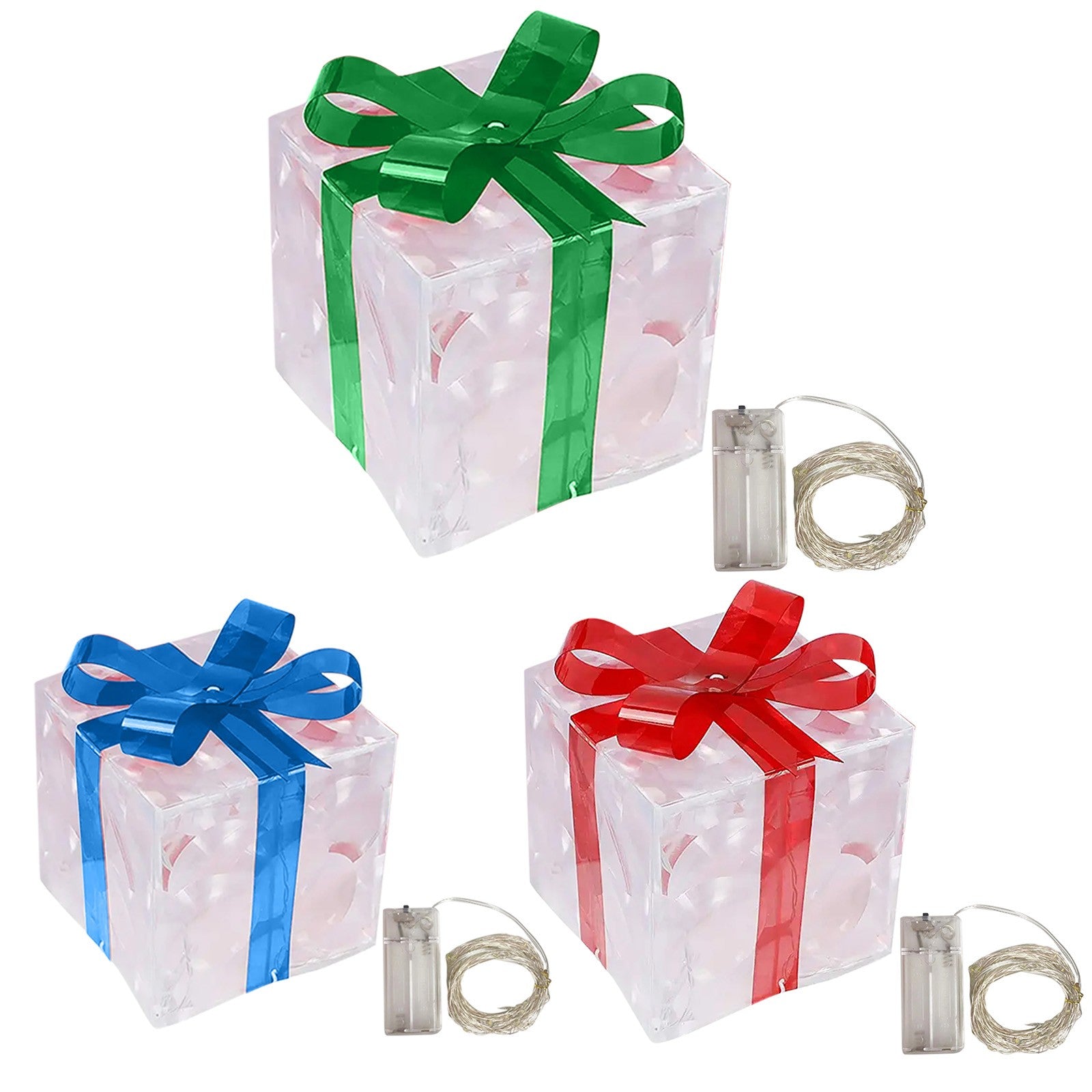 Small glowing Christmas gift box ornament with LED lights for desktop display