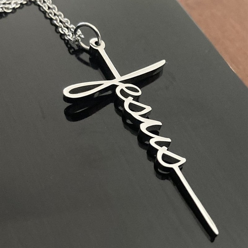 Jesus name pendant necklace displayed on chain