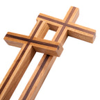 Carved oak cross wall hanging with Catholic religious symbolism