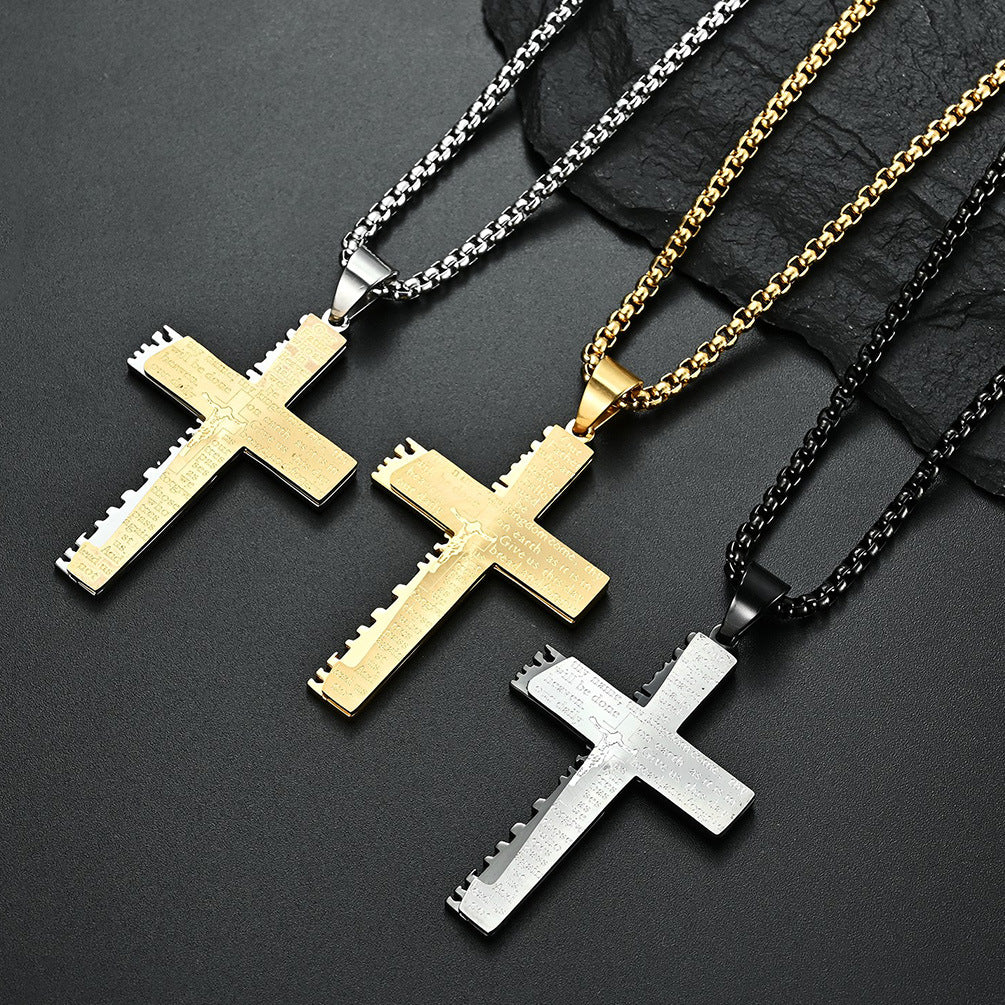 Stylized display of double cross pendant - men's Christian jewelry
