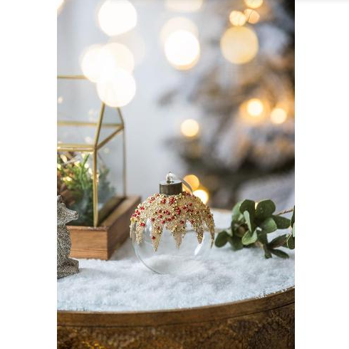 Set of 12 glass Christmas ball ornaments with glitter and painted details on a festive background Main image