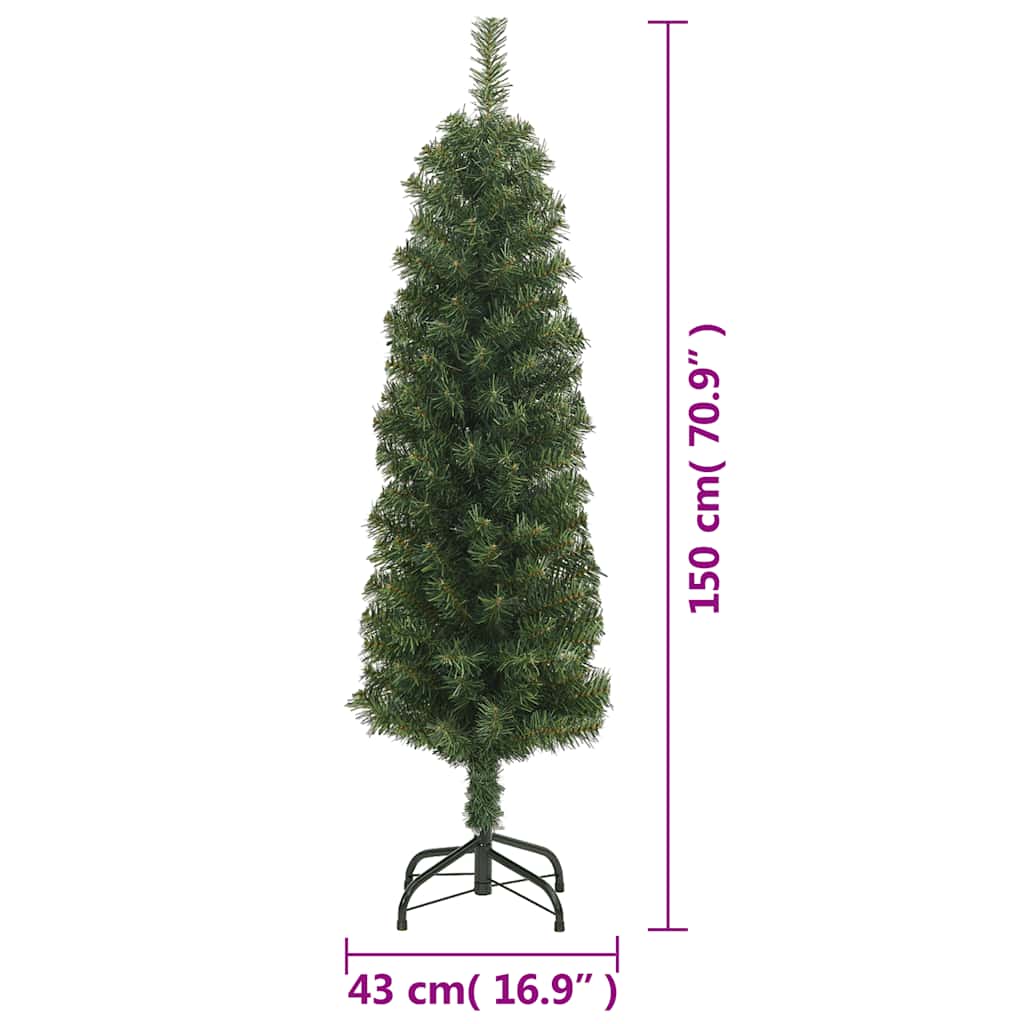 Assembled slim green Christmas tree in festive room setting