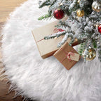 White faux fur tree skirt in festive Christmas setting