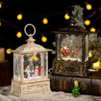 Resin crystal ball music box with iron hoop showing Christmas snow scene