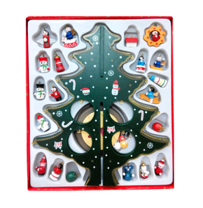 Set of three hand-painted wood Christmas tree decorations in large, medium, and small sizes