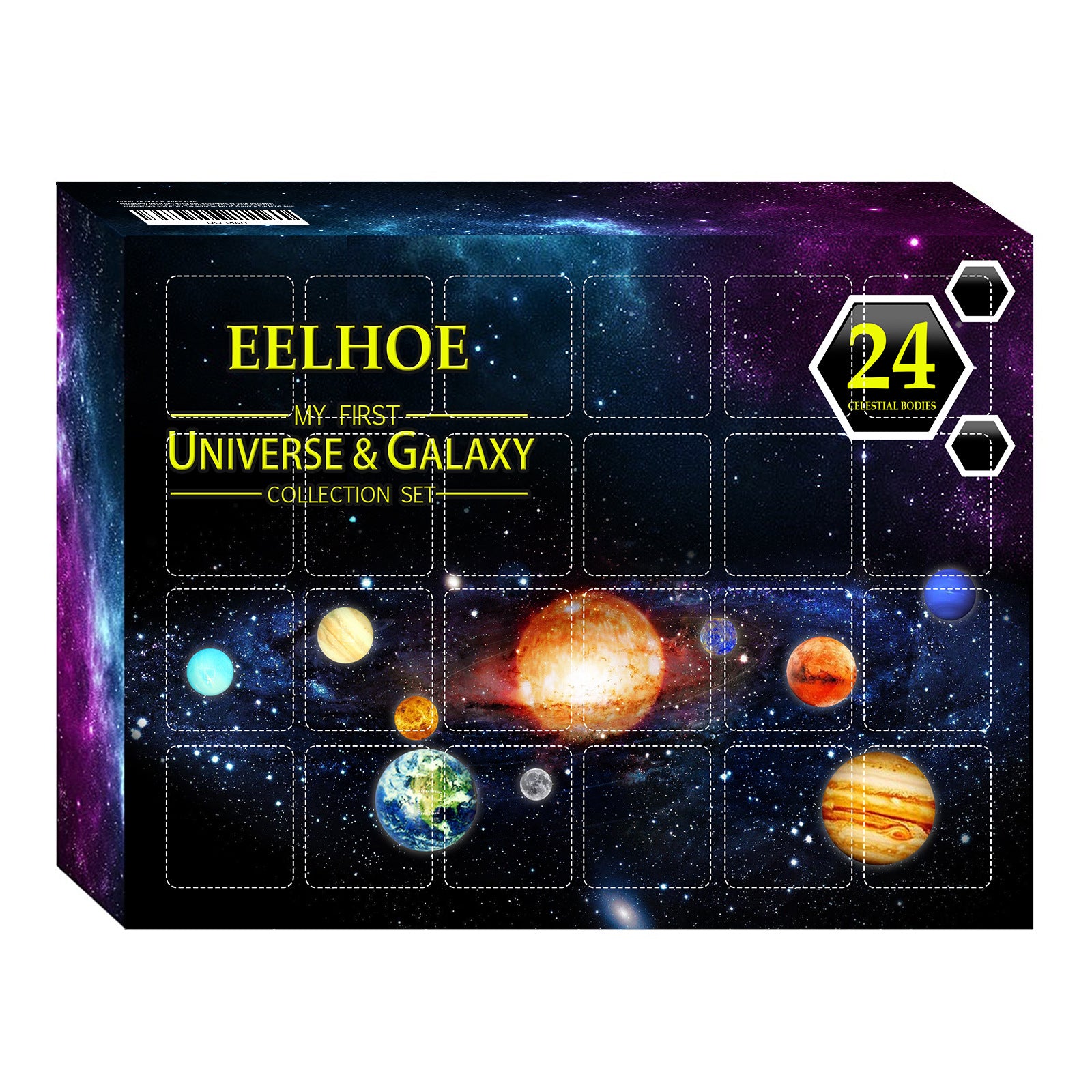 Plastic Christmas countdown calendar set showing cosmic star theme and holiday spirit