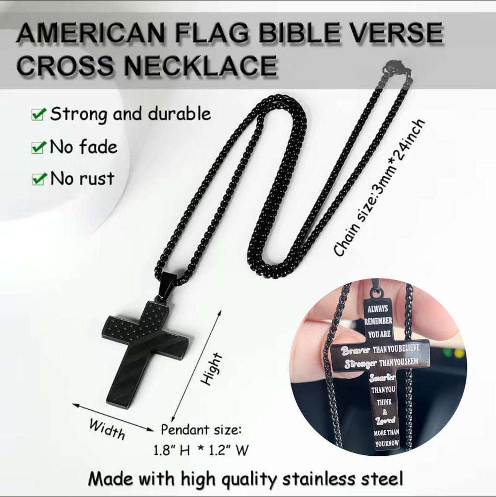 Bold stainless steel cross necklace with American flag pendant for men