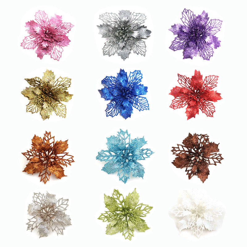 Glitter Christmas flower ornaments in multiple colors for festive home decorating