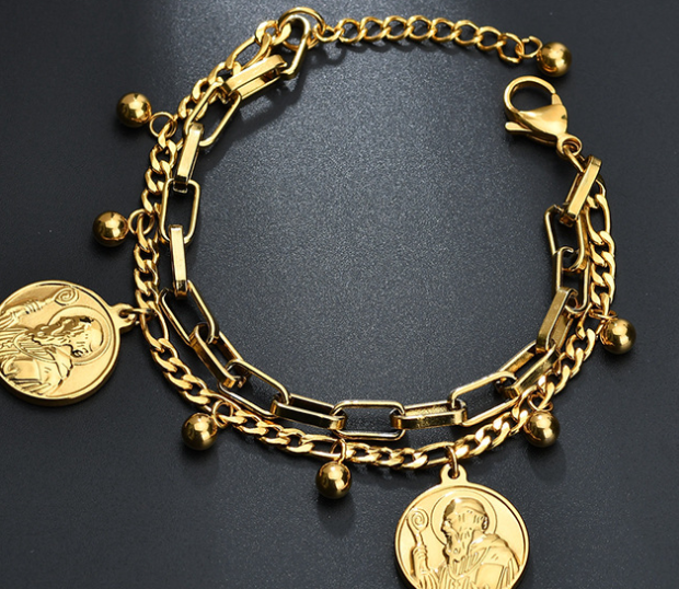Jesus Head pendant on stainless steel electroplated bracelet, religious accessory