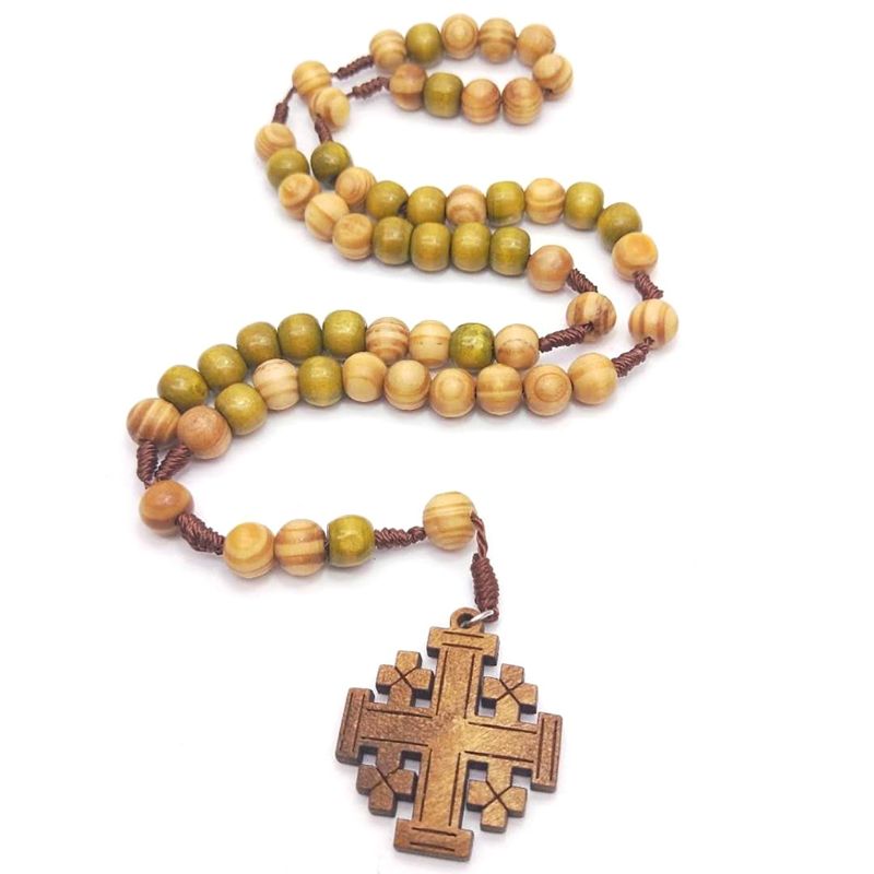 Wooden cross and rosary beads devotional jewelry