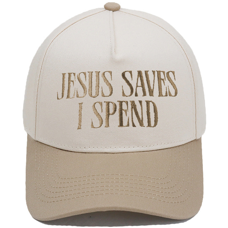 Jesus Saves I Spend color-block baseball cap in royal blue color