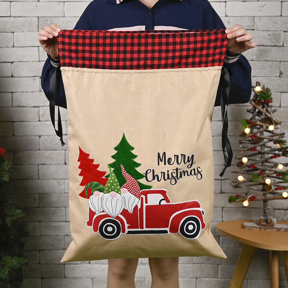 Christmas forest gift bag in festive room setting with holiday decorations
