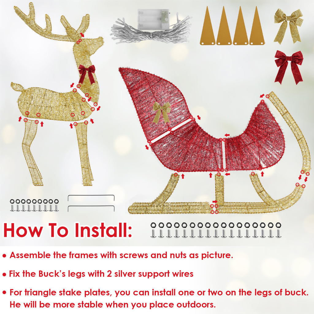Christmas sleigh decoration with bow details and warm lighting