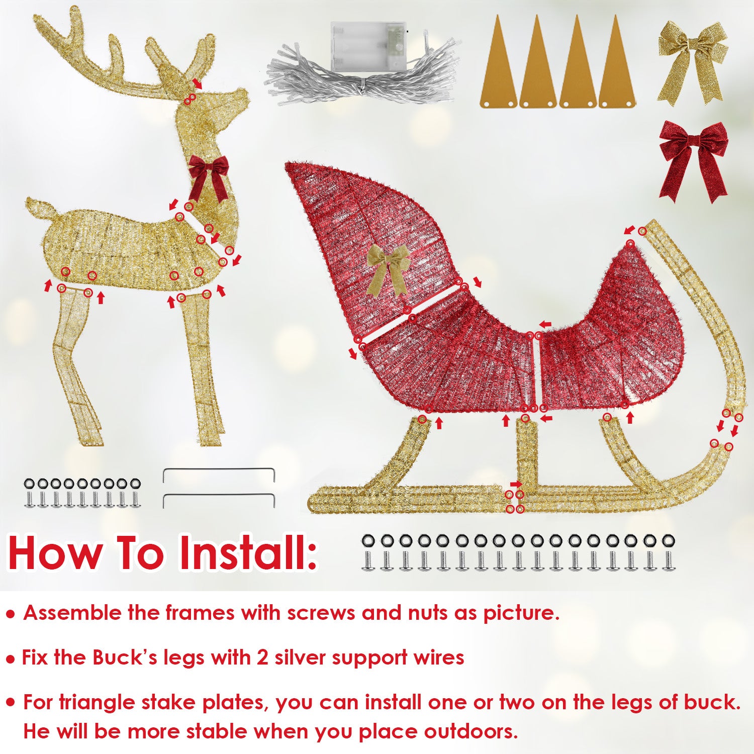 Christmas sleigh decoration with bow details and warm lighting