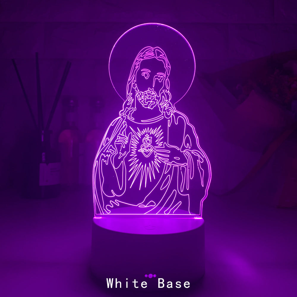 Colorful night light glowing warmly in a dark room, faith-inspired bedroom ambiance