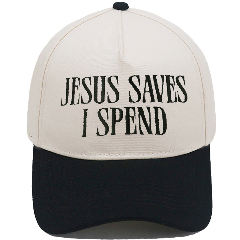 Jesus Saves I Spend Embroidered Trucker Hat adjustable strap detail