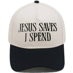 Jesus Saves I Spend Embroidered Trucker Hat adjustable strap detail