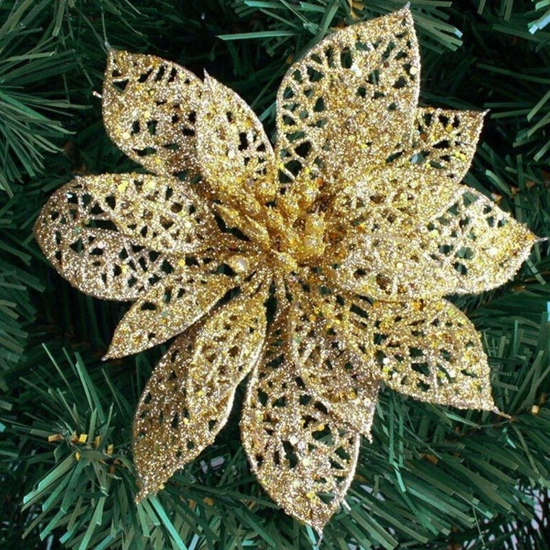 Sparkling Christmas flower ornament in gold, silver, red, purple, blue, and green colors