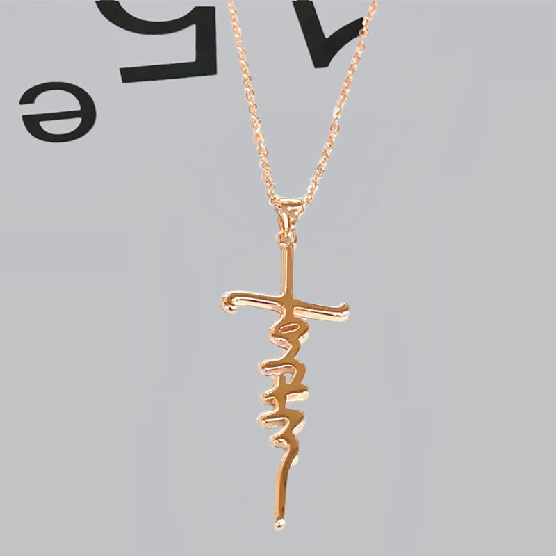 Person wearing Jesus Cross Letter Pendant Necklace casually styled