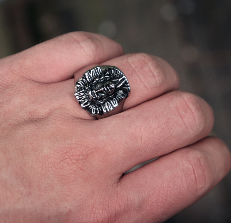 Silver tone Jesus Cross ring with classic biker-inspired design