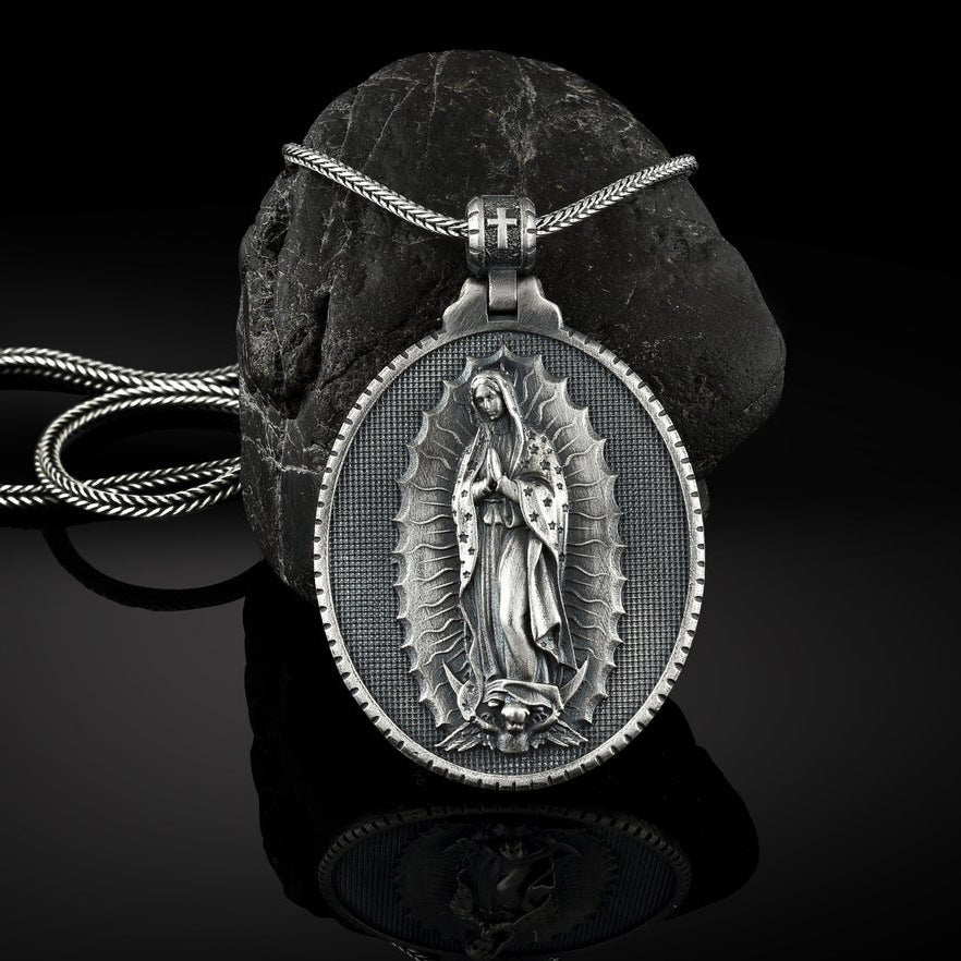 Catholic Virgin Mary pendant with adjustable curb chain detail