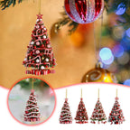 Stacked view of four acrylic Christmas tree pendant variants in different color tones for holiday gifting
