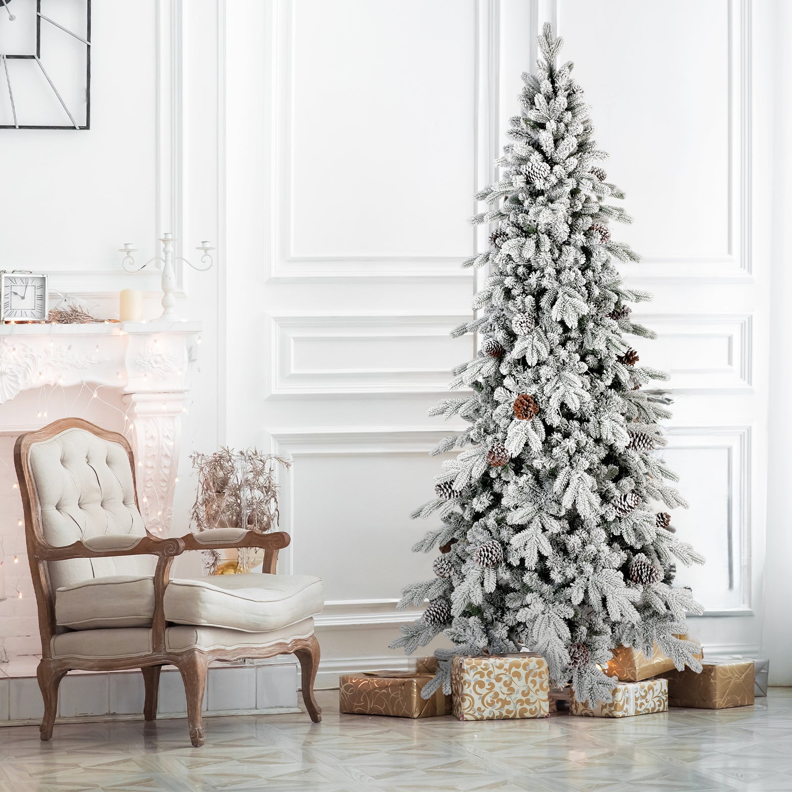 Snow-covered 7.5ft flocked Christmas tree with natural pine cones