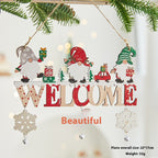 Set of wooden Christmas ornaments displaying various festive letter card designs