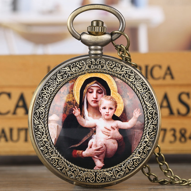 Silver-tone pocket watch with green patina detail on decorative chain