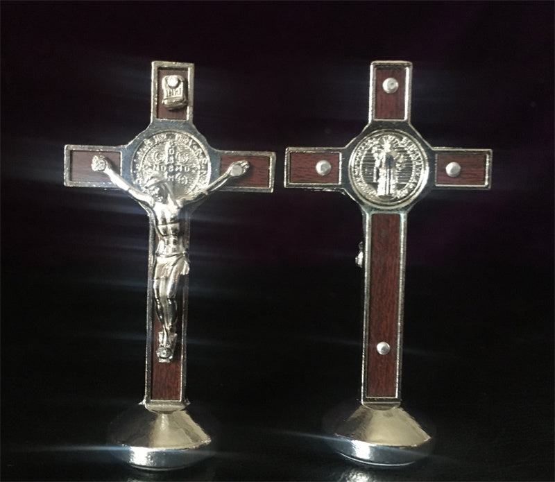 Classic St Benedict wood cross ornament with circular base